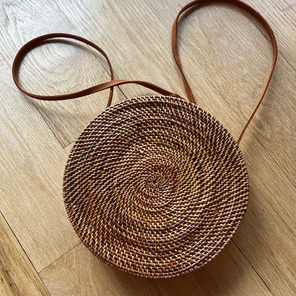Brown Woven Round Crossbody Bag